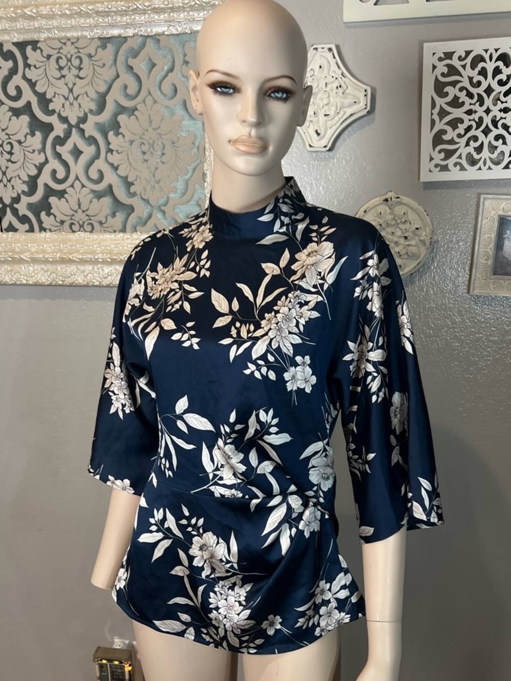 Vince Camuto Navy Satin Floral Mock Neck Blouse